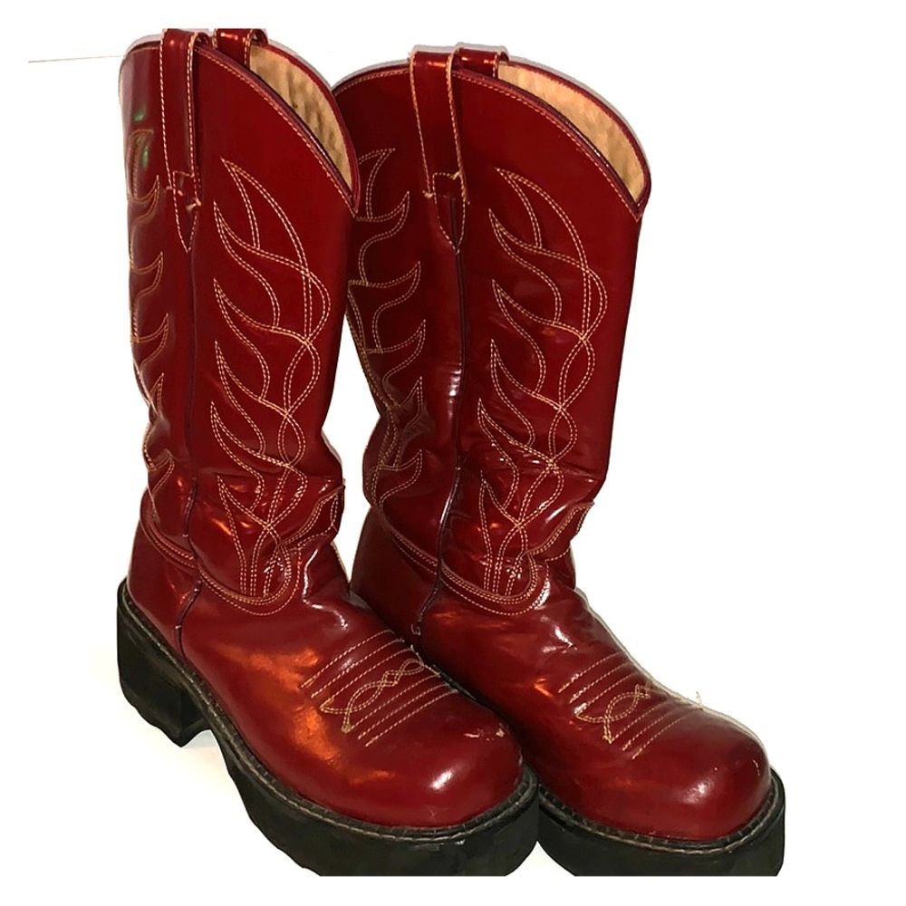 Red Fluevog Flame, round-toe cowboy boots